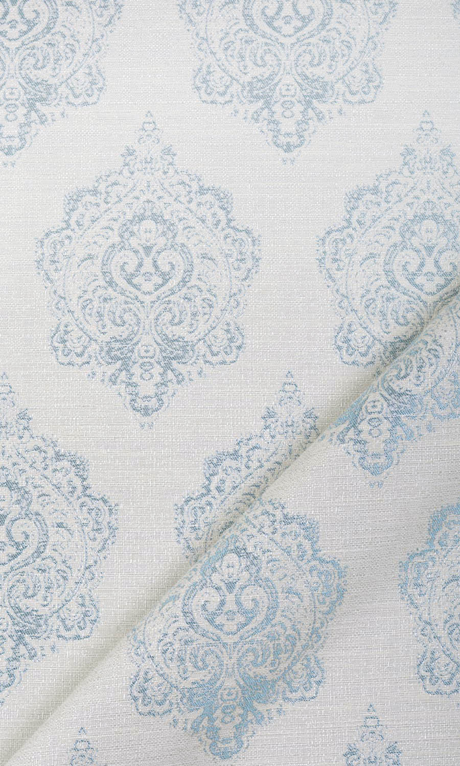 Damask Poly-Cotton Home Textile Fabric Material Sample (White/ Blue)
