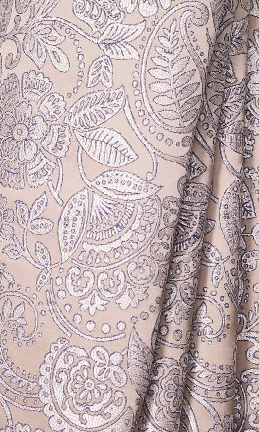 Beige And Blue Floral Self-Patterned Custom Curtains