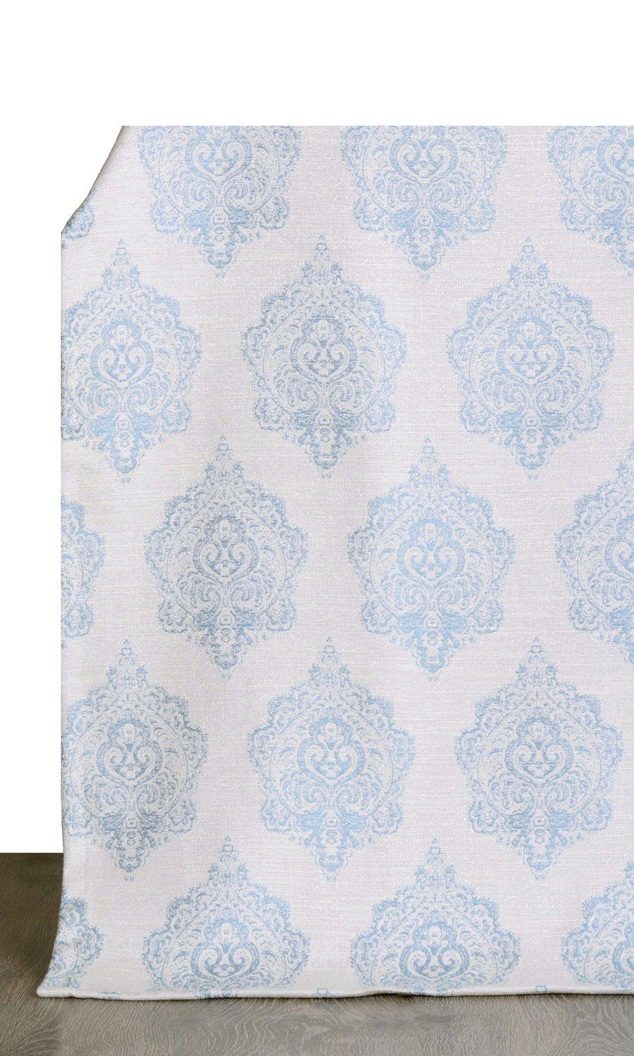Damask Poly-Cotton Window Treatments Fabric Sample (White/ Blue)