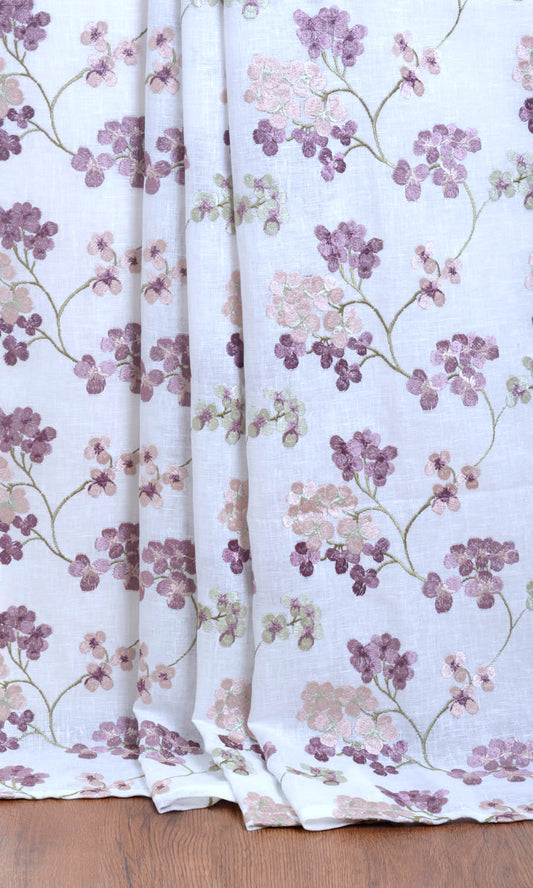 White / Pink / Purple Semi Sheer Floral Linen Custom Curtains