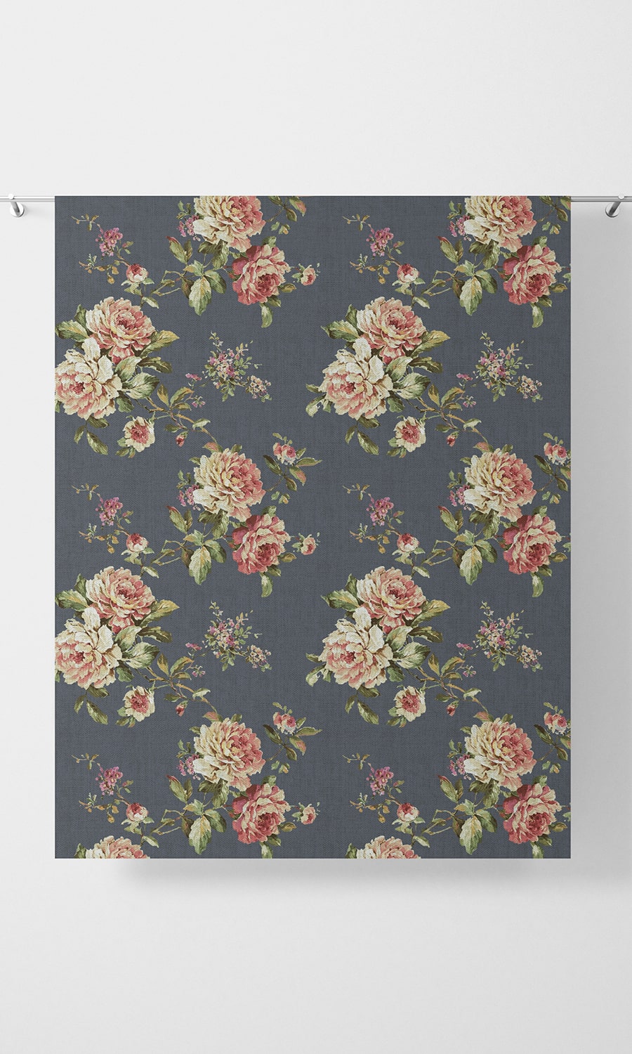 Floral Home Décor Fabric Sample (Navy Blue-Grey/ Green/ Pink)