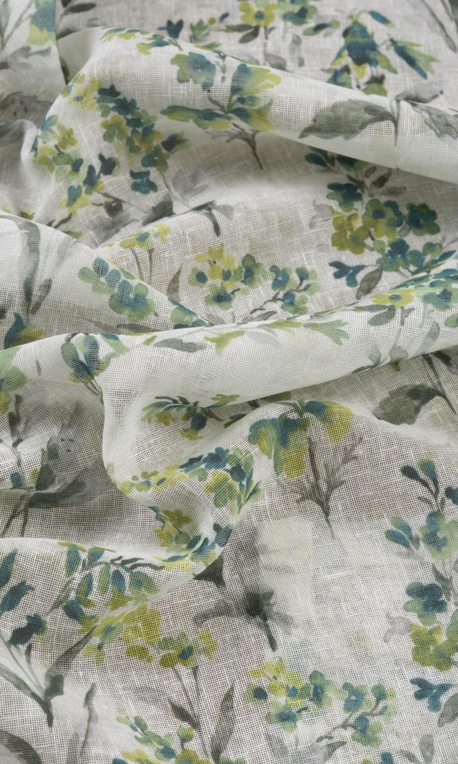 Sheer Floral Print Fabric Material By the Metre (Blue/ Green)