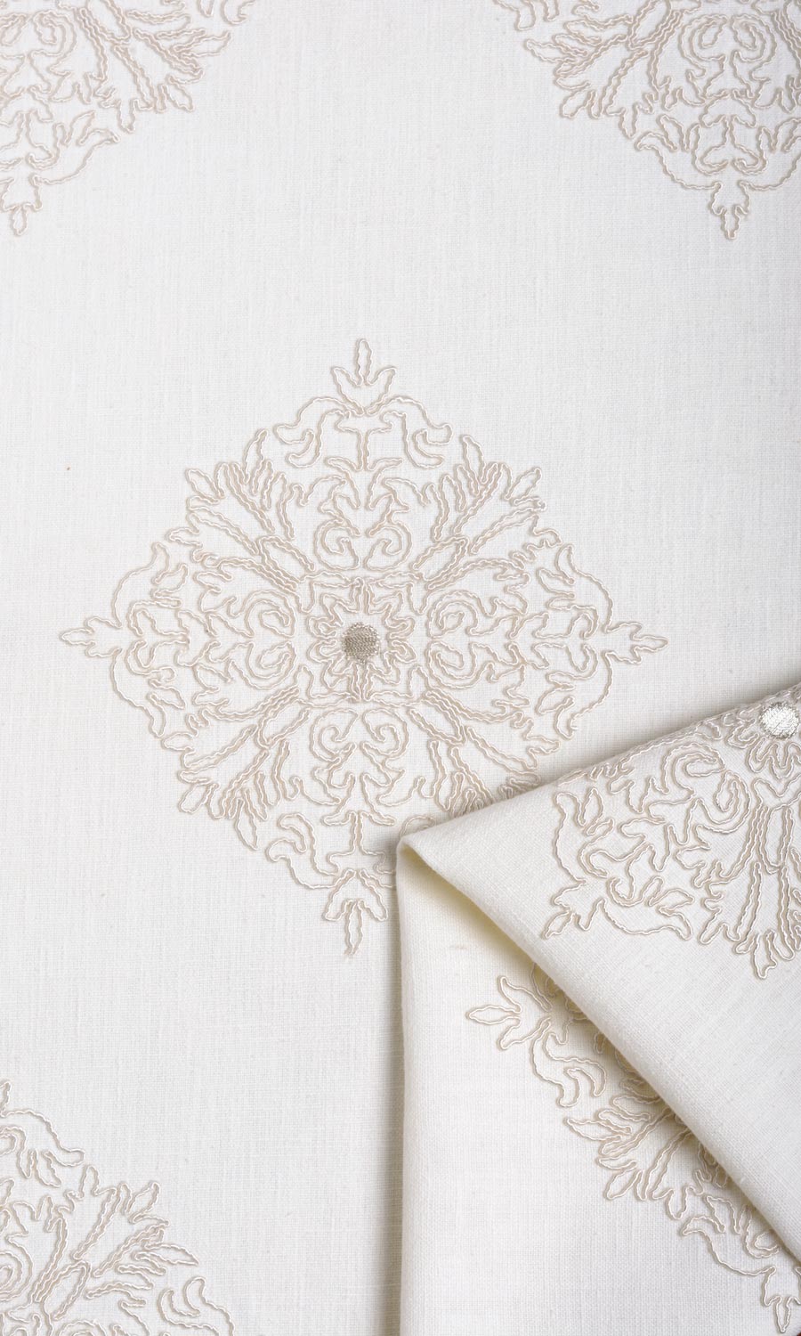 Poly-Linen Embroidered Pinch Pleat, Rod Pocket, Eyelet Curtains (White/ Cream)