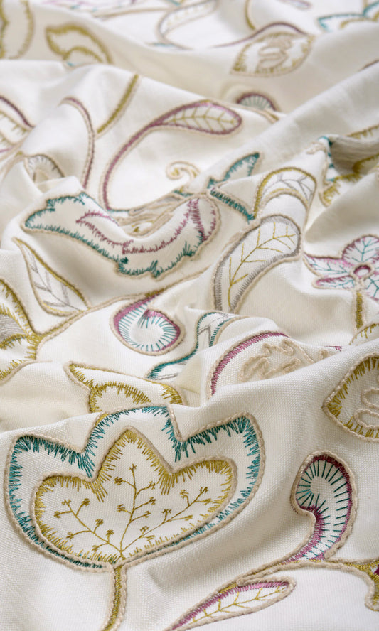 Vine Embroidered Home Décor Fabric By the Metre (White/ Green/ Pink)