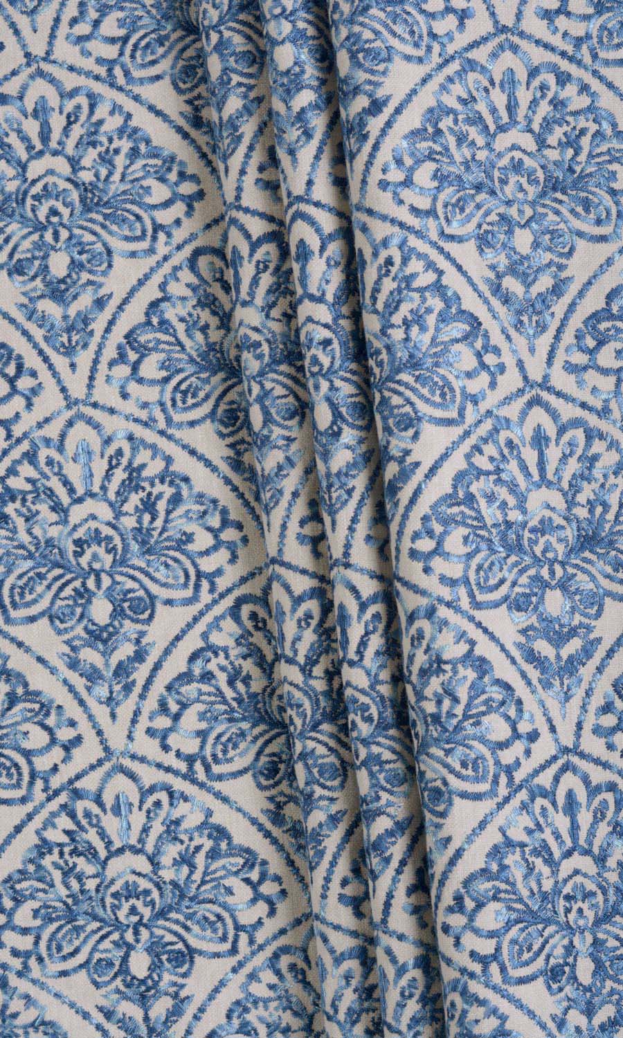 Embroidered Drapes (Pale Beige/ Ink Blue) Extra Long Short Wide