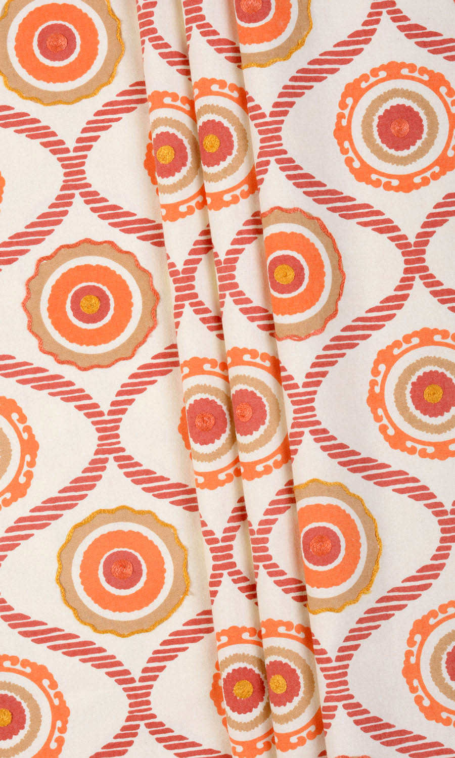 Printed Cotton Pinch Pleat, Rod Pocket, Eyelet Curtains (Red/ Orange/ White)
