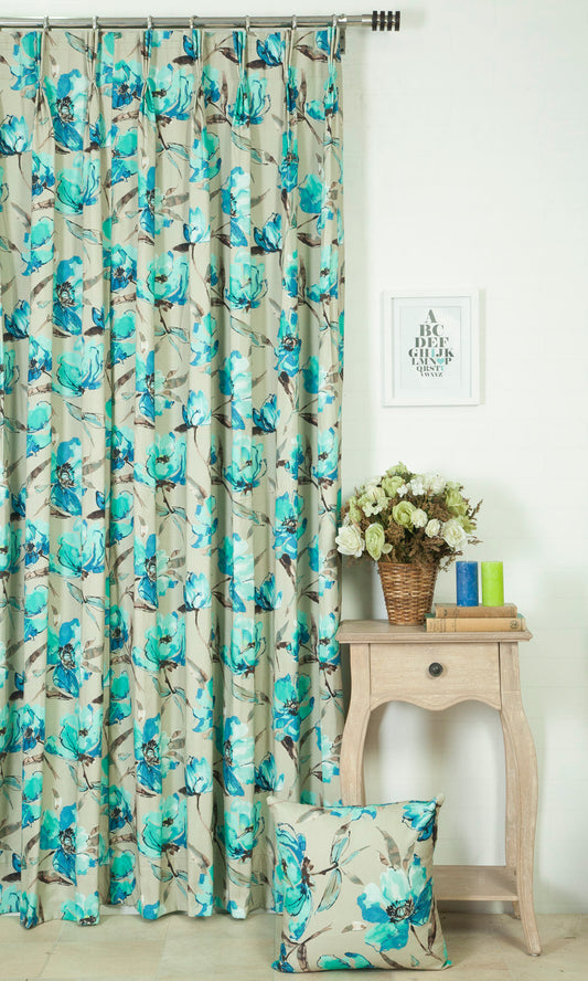 Floral Cotton Drapery (Blue/ Beige)