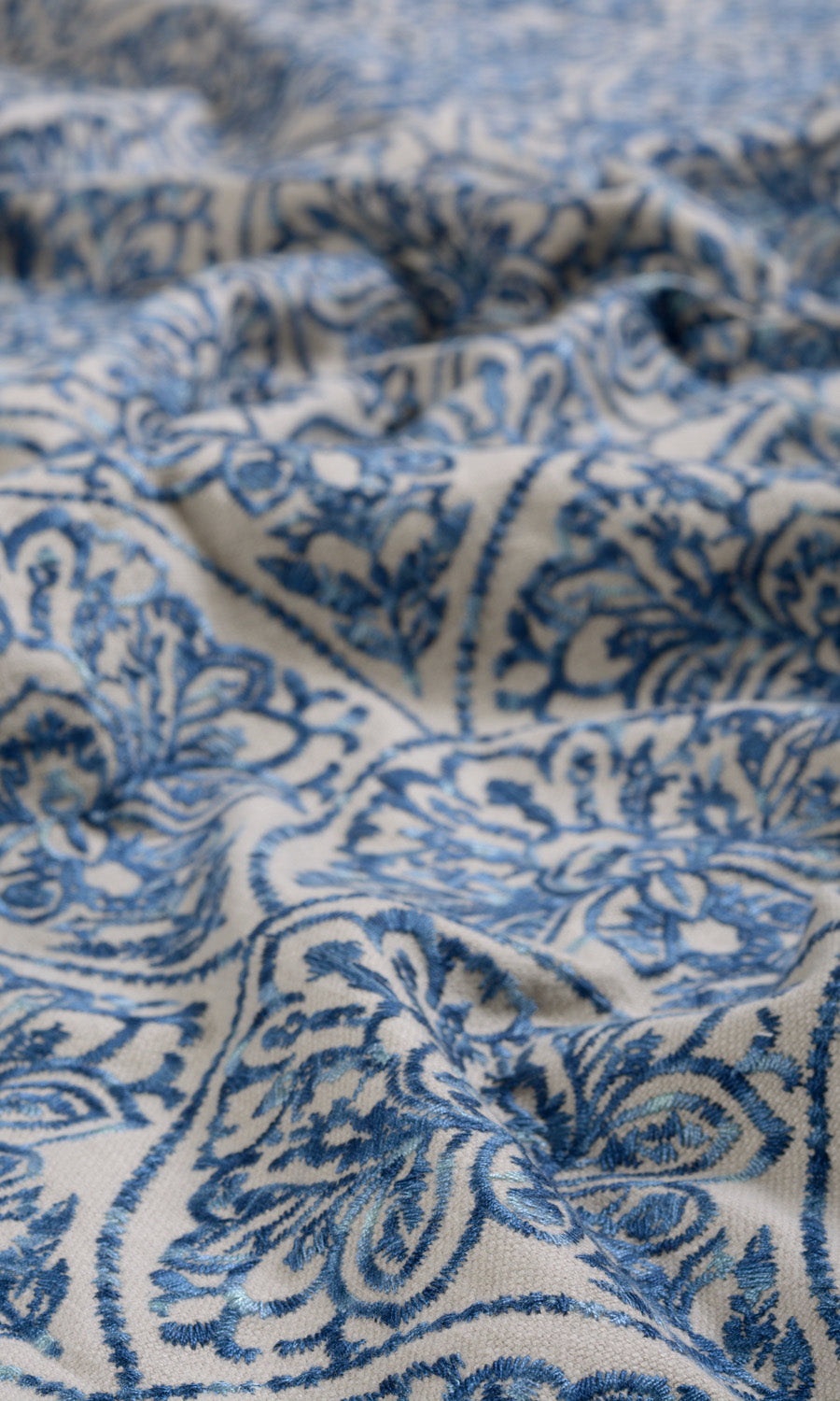 Embroidered Made-to-Measure Curtains (Pale Beige/ Ink Blue)