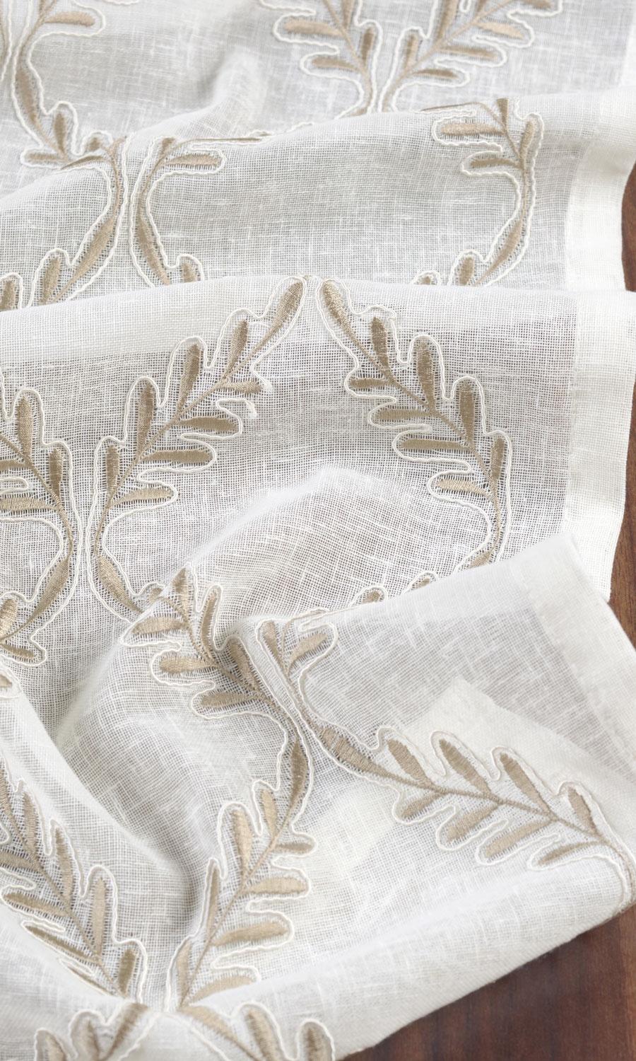 Sheer Floral Embroidered Fabric By the Metre for Curtains & Drapes (White/ Brown)