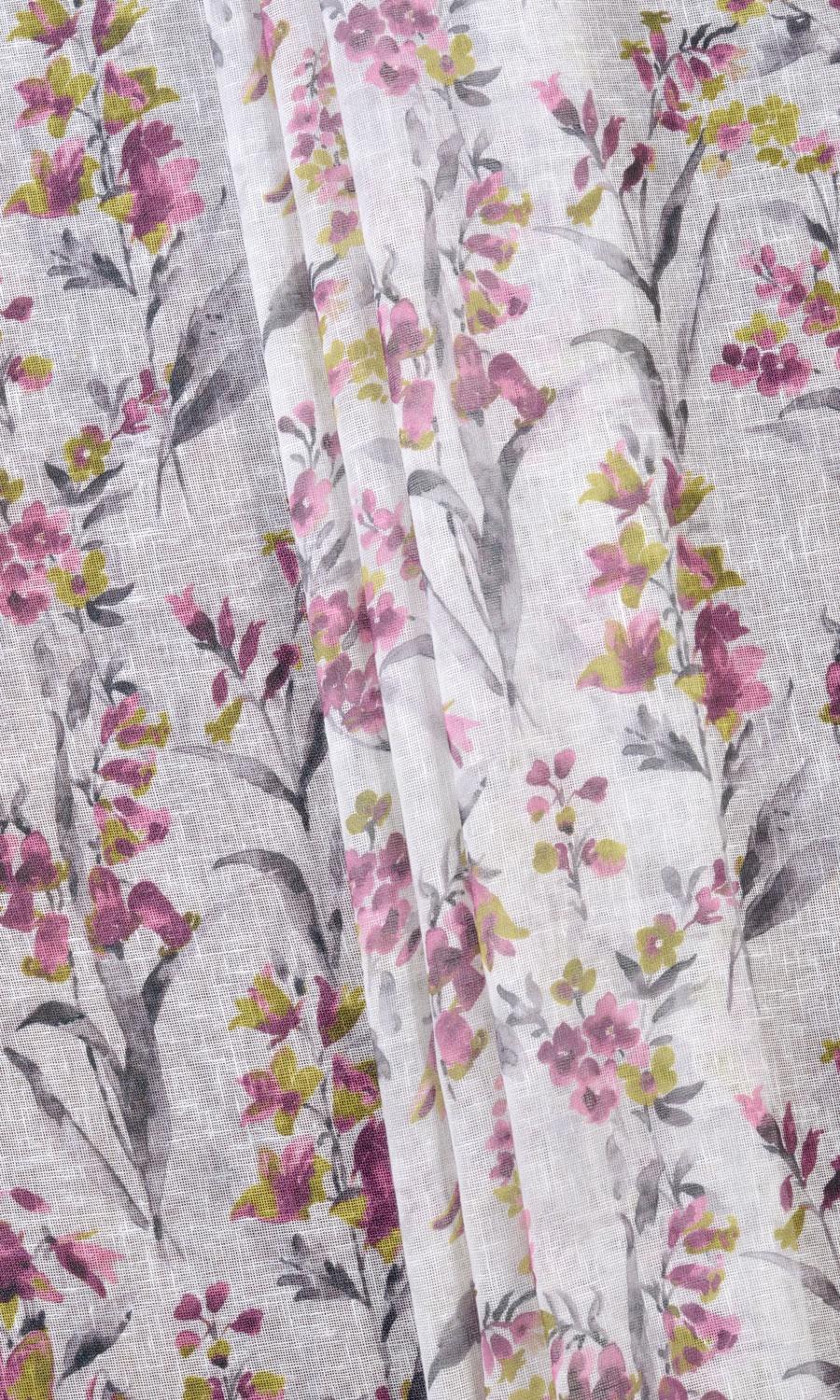 Sheer Floral Print Home Textile Fabric Material By the Metre (Pink/ Grey)