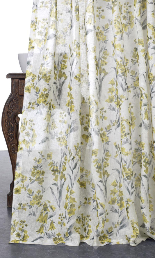 Yellow/ grey floral printed/ patterned sheer drapery panels