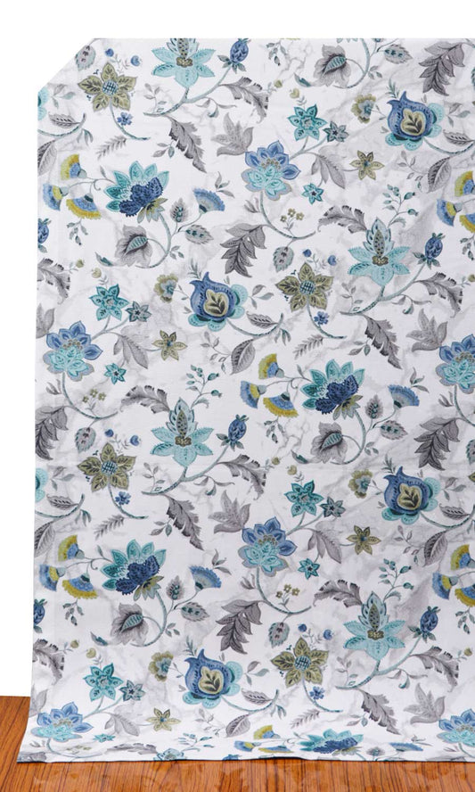 Floral Cotton Curtains (Grey/ Blue)