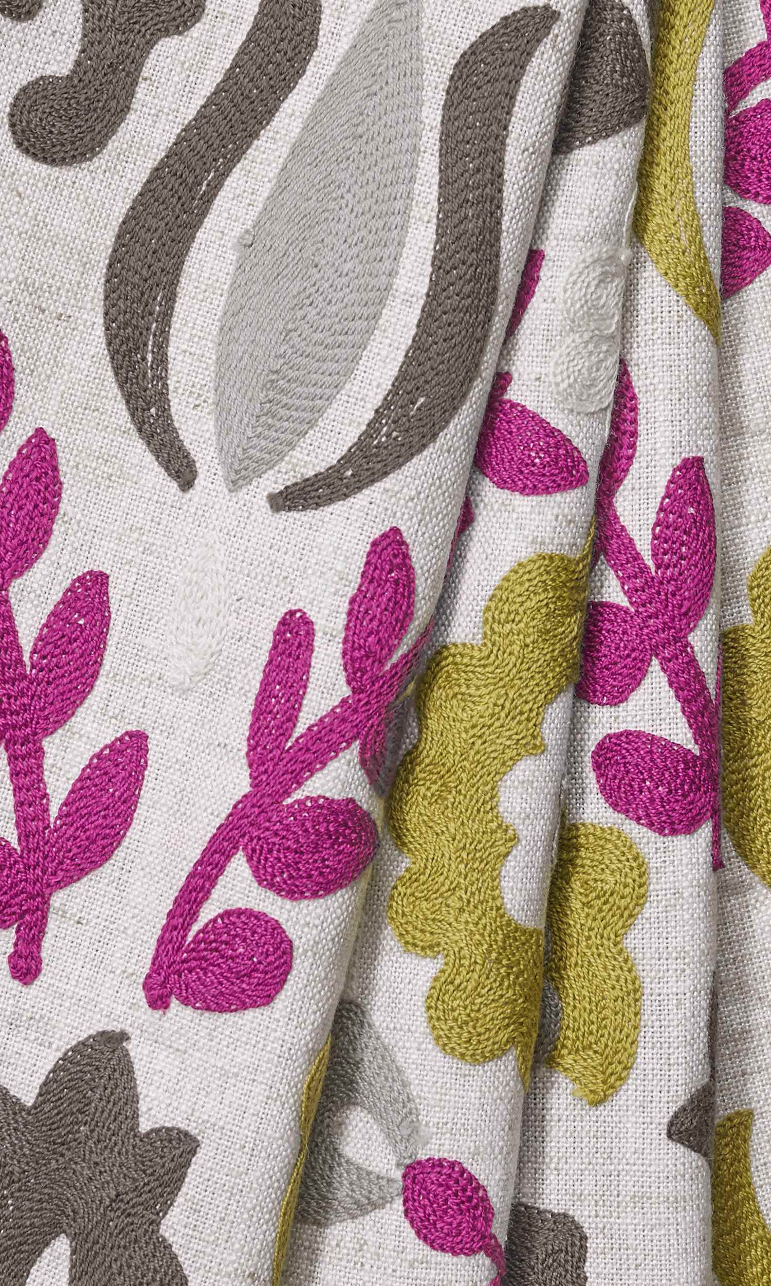 Floral Window Treatments Fabric Sample (White/ Magenta/ Gray/ Green)