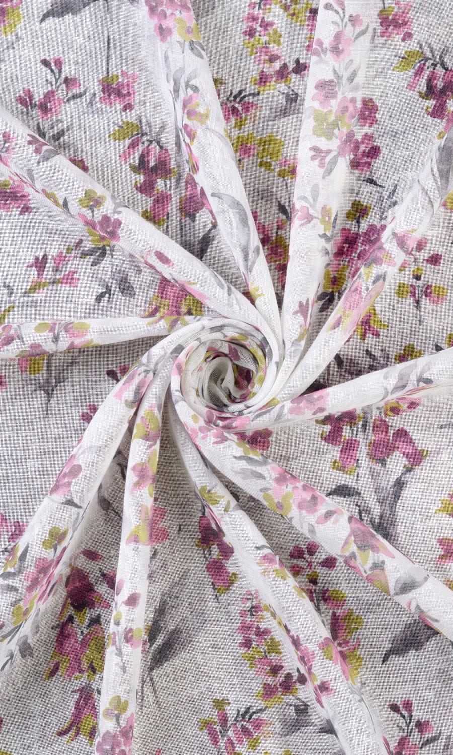 Sheer Floral Print Fabric Material By the Metre (Pink/ Grey)