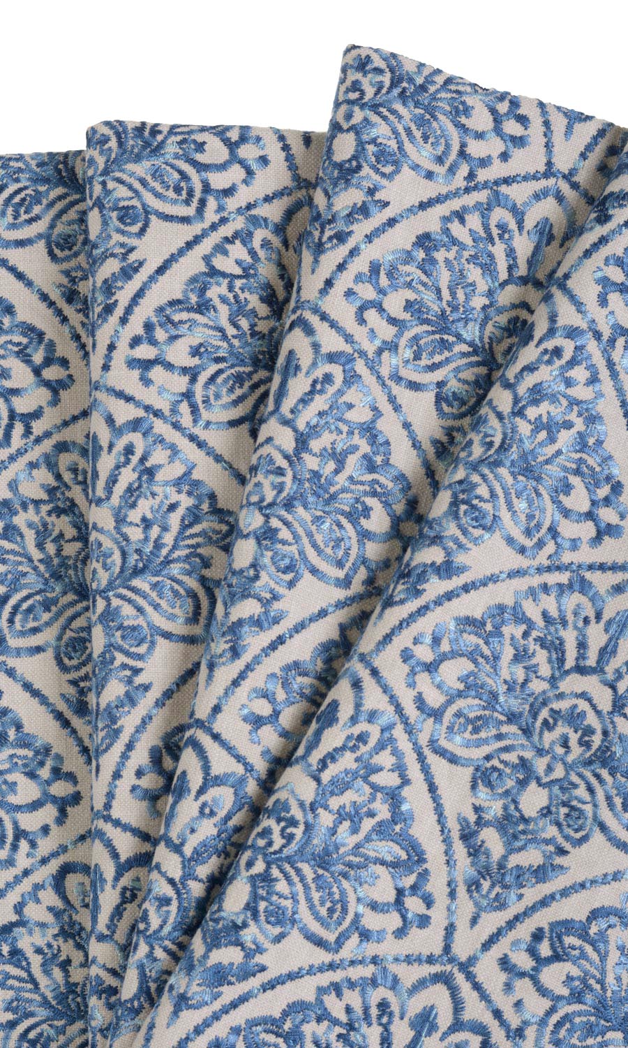 Embroidered Pinch Pleat, Rod Pocket, Eyelet Curtains (Pale Beige/ Ink Blue)