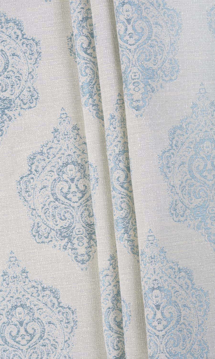 Damask Poly-Cotton Free Fabric Material Sample (White/ Blue)