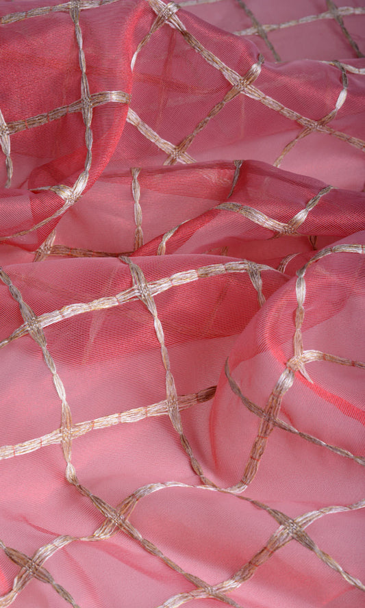Coral Red/Pink With Gold Embroidery Check Sheer Custom Curtains
