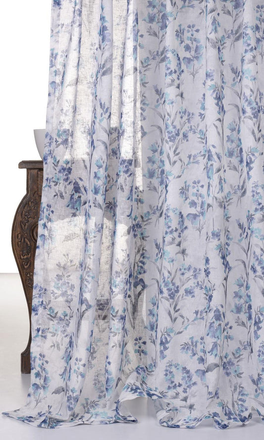 White/ Blue sheer floral curtains | Shipped for free