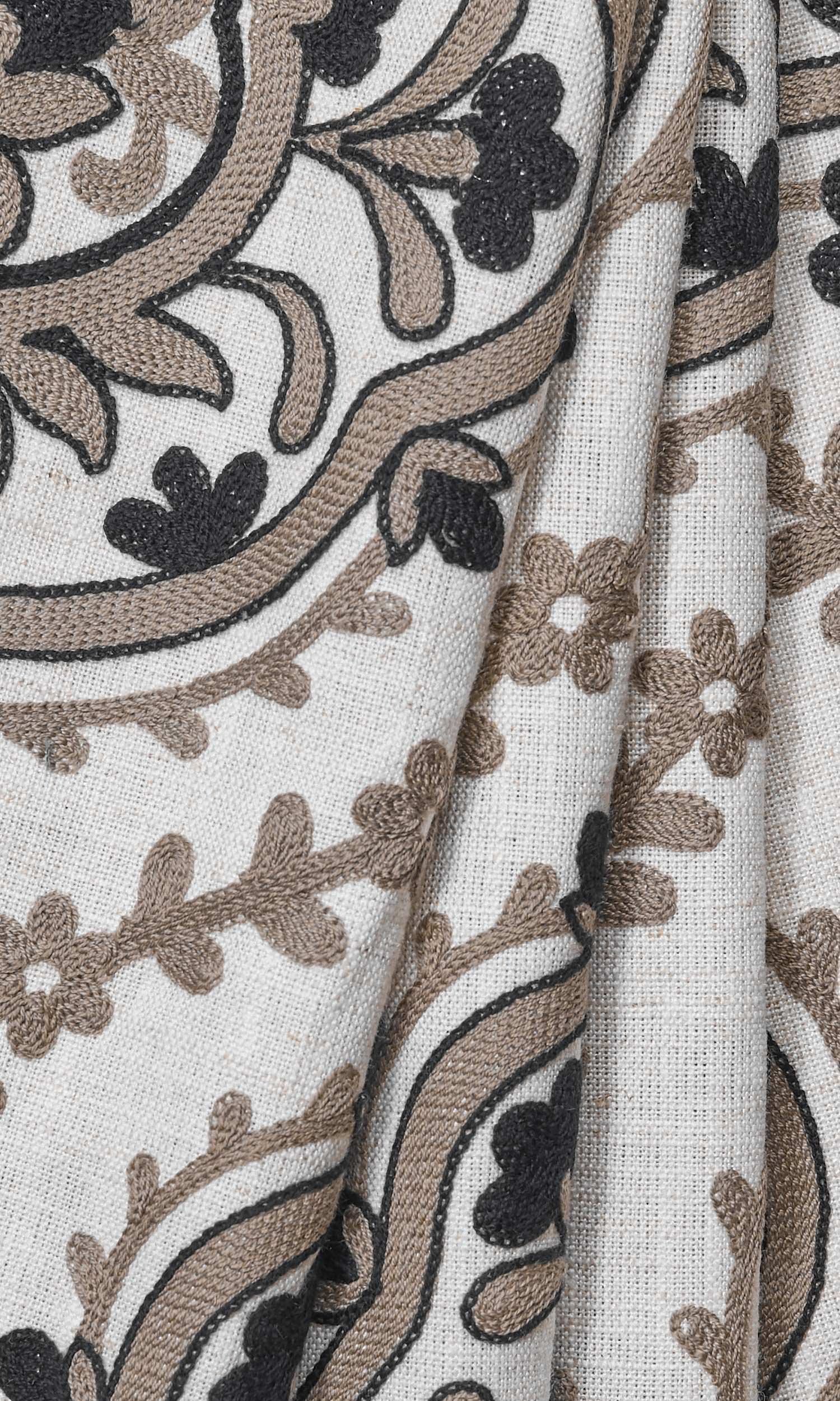 Damask Embroidered Window Treatments Fabric Sample (Brown/ Black/ White)