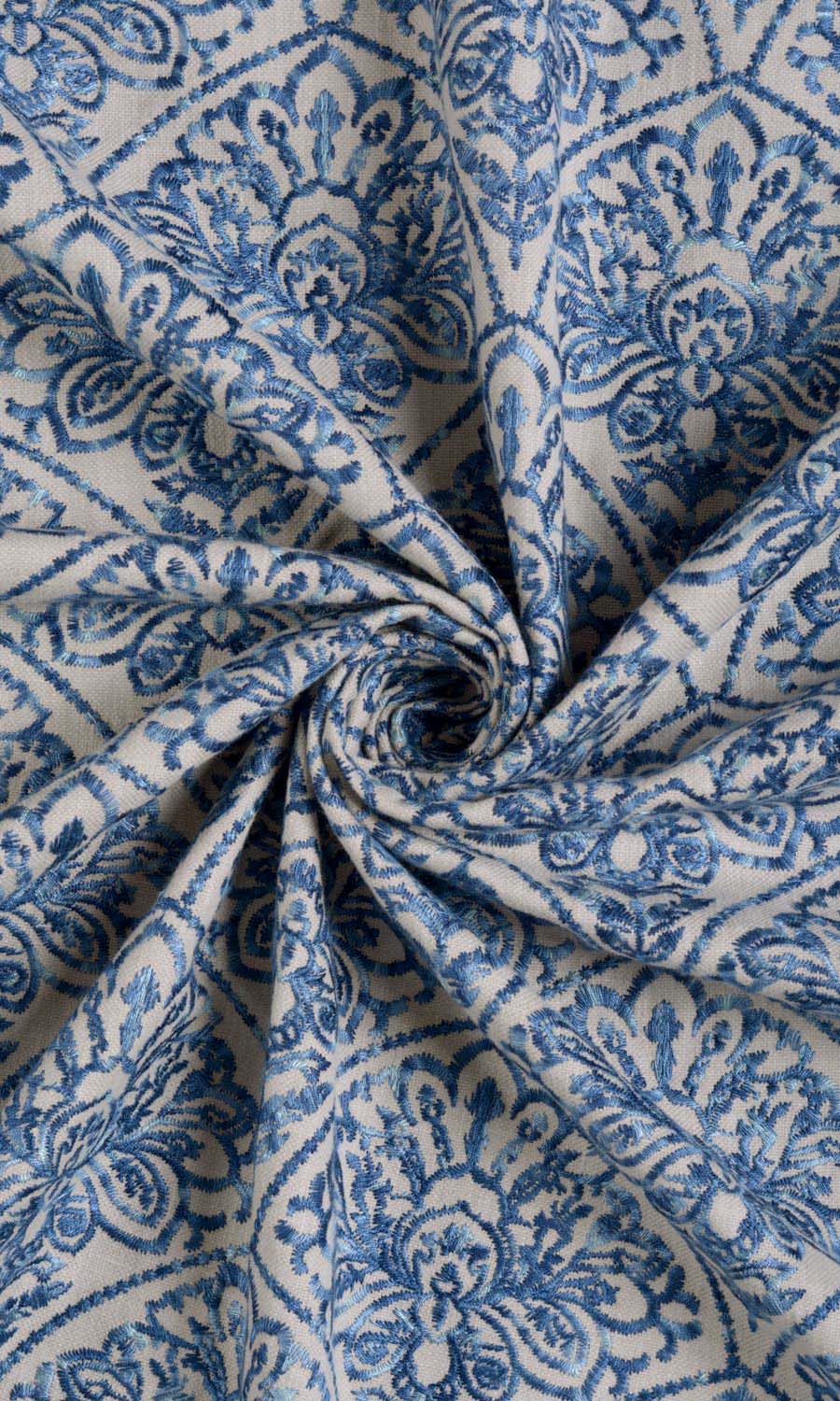 Embroidered Curtains / Drapes / Window Drapery Panels (Pale Beige/ Ink Blue)