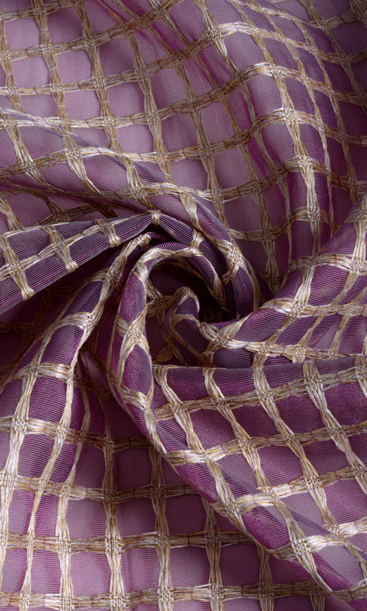 Purple With Gold Embroidery Check Sheer Custom Curtains