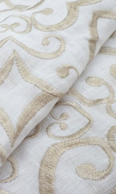 Floral Embroidered Linen Window Treatments Fabric Sample (White/ Ivory)
