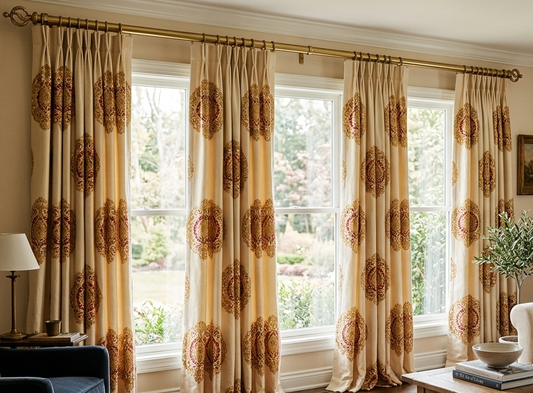 Living room with floor-length pinch pleat curtains in a rust medallion print across three tall windows