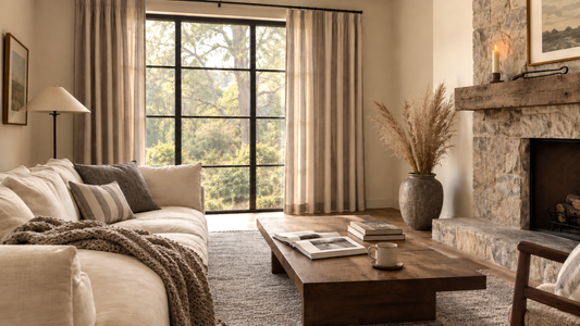 Modern farmhouse living room with a stone fireplace, cream sofa and linen curtains framing black steel windows
