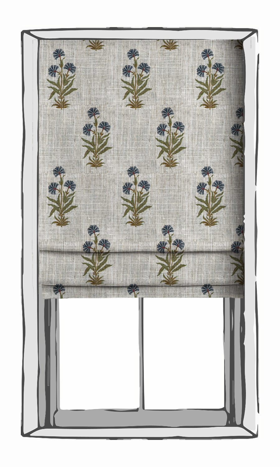 Floral Window Treatments Fabric By the Metre (White/ Navy Blue/ Green)