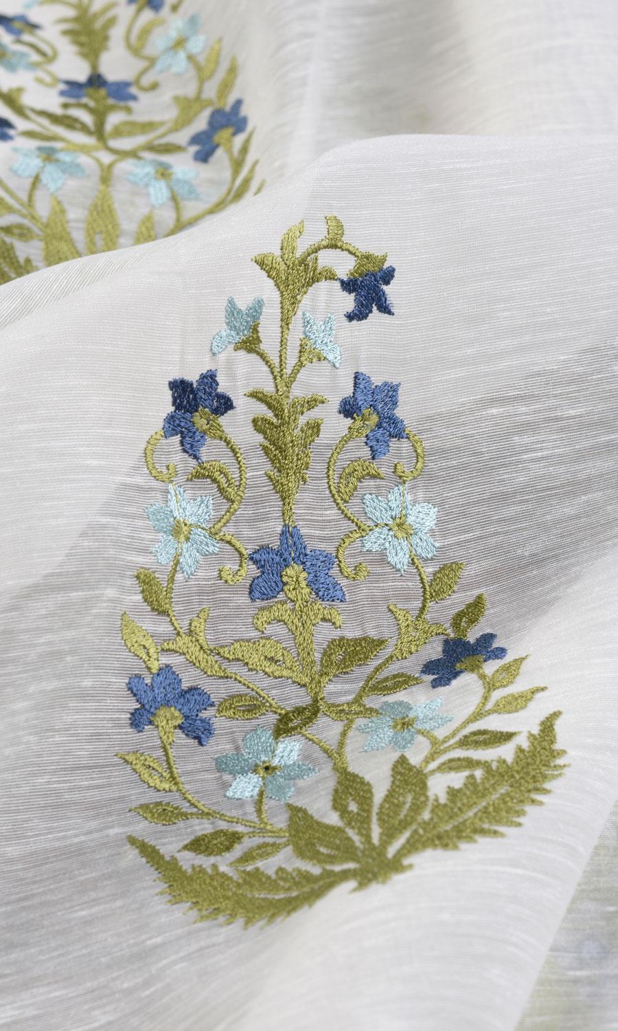 Sheer Floral Paisley Fabric Material By the Metre (White/ Green/ Blue)