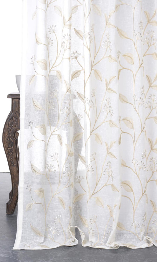 White floral embroidered sheer curtains with a rich linen-like texture