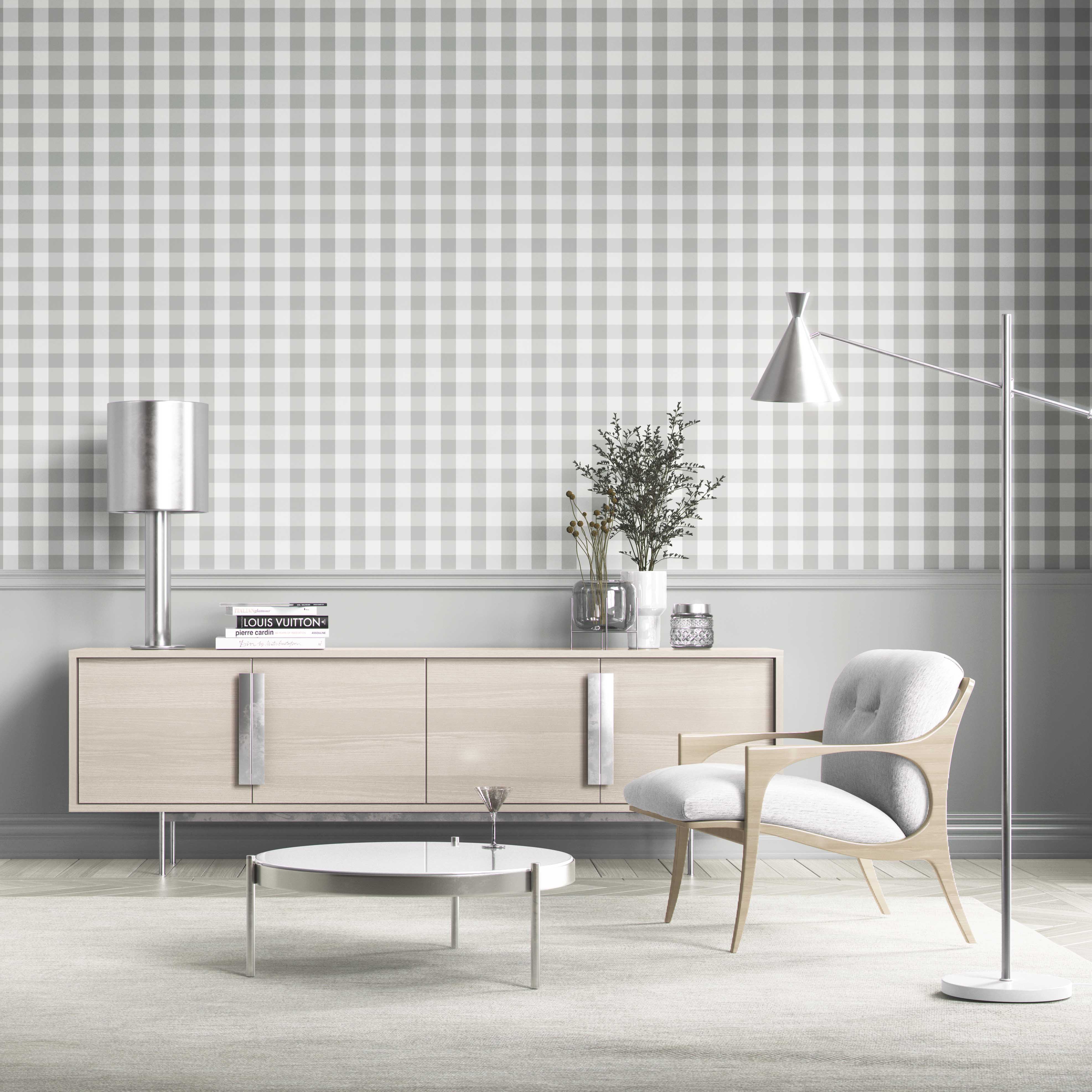 Geometric Gingham Living Room Wallpaper (Grey)