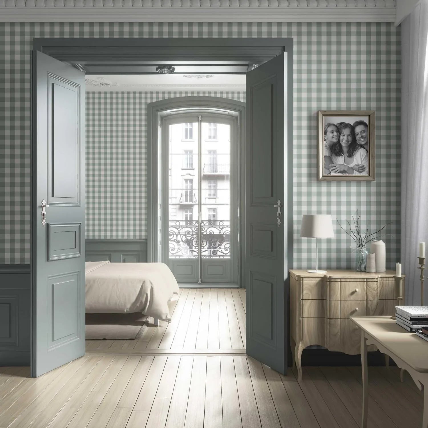Geometric Gingham Kitchen Wallpaper Sample (Duck Egg Blue)