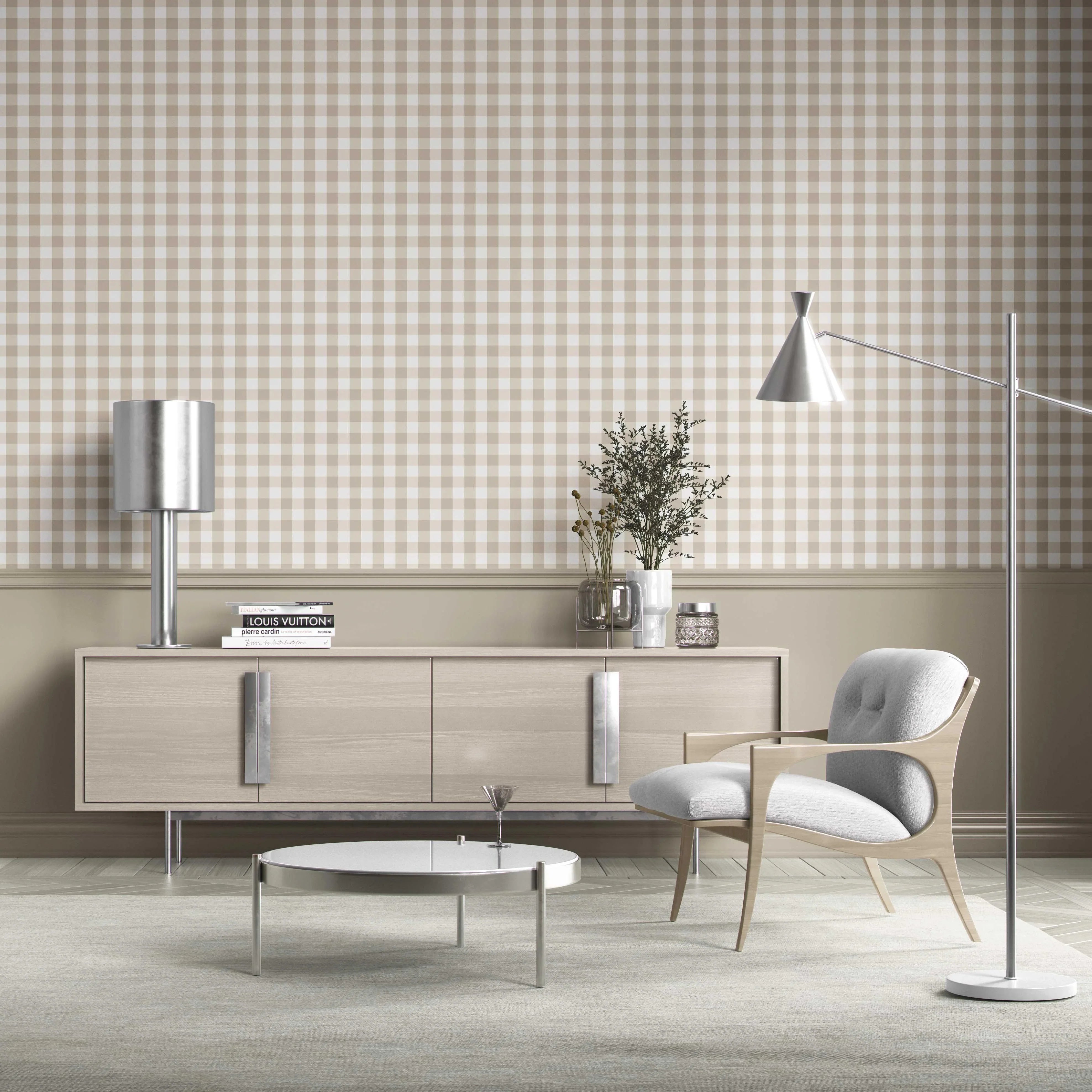 Neutral Geometric Gingham Kitchen Wallpaper Sample (Warm Beige)