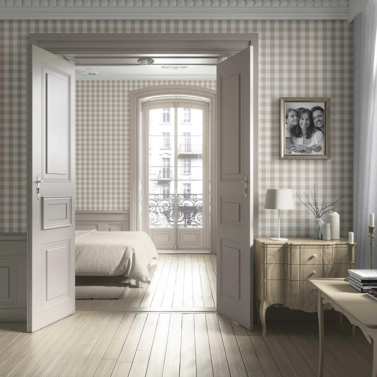 Neutral Geometric Gingham Living Room Wallpaper (Warm Beige)