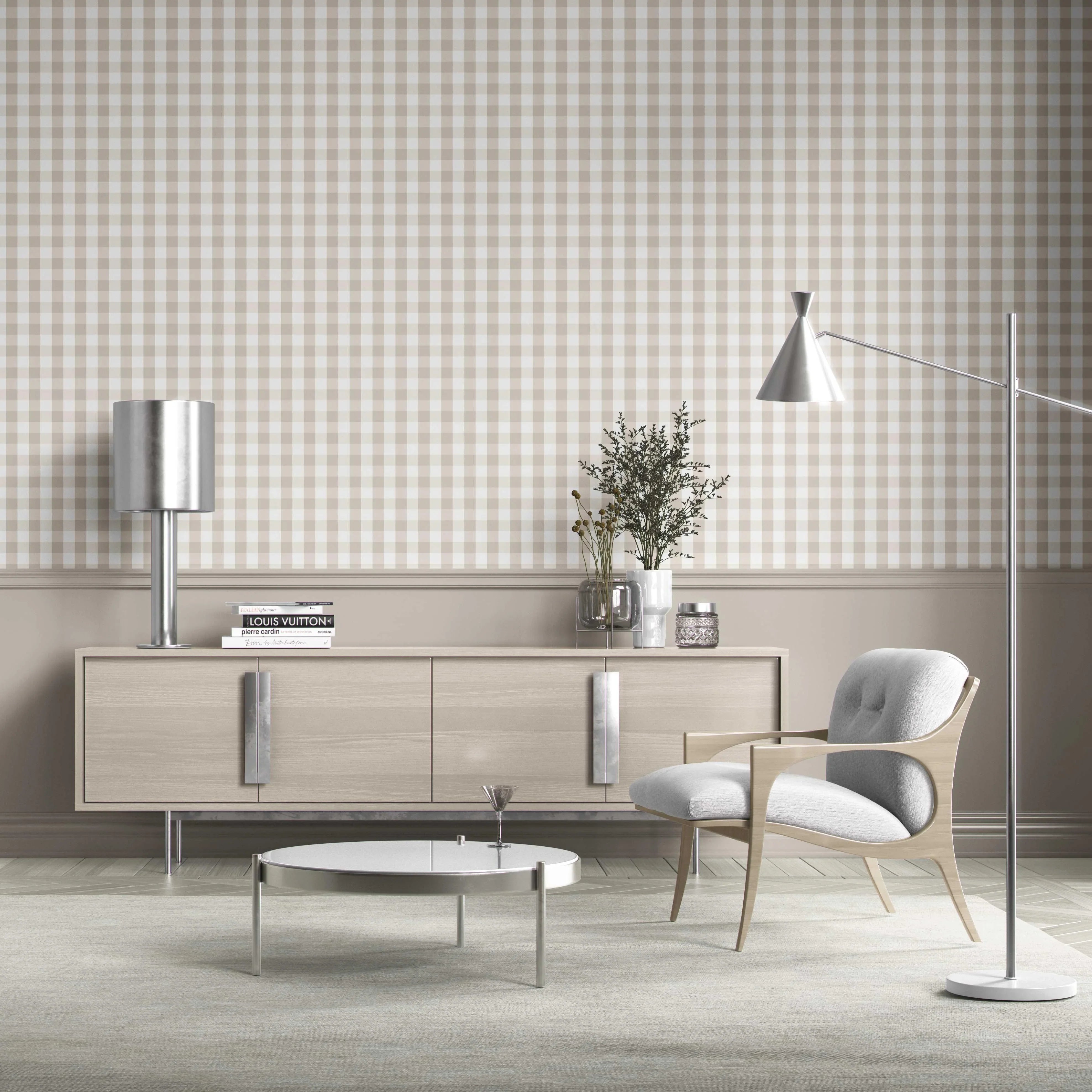 Neutral Geometric Gingham Kitchen Wallpaper Sample (Soft Taupe)