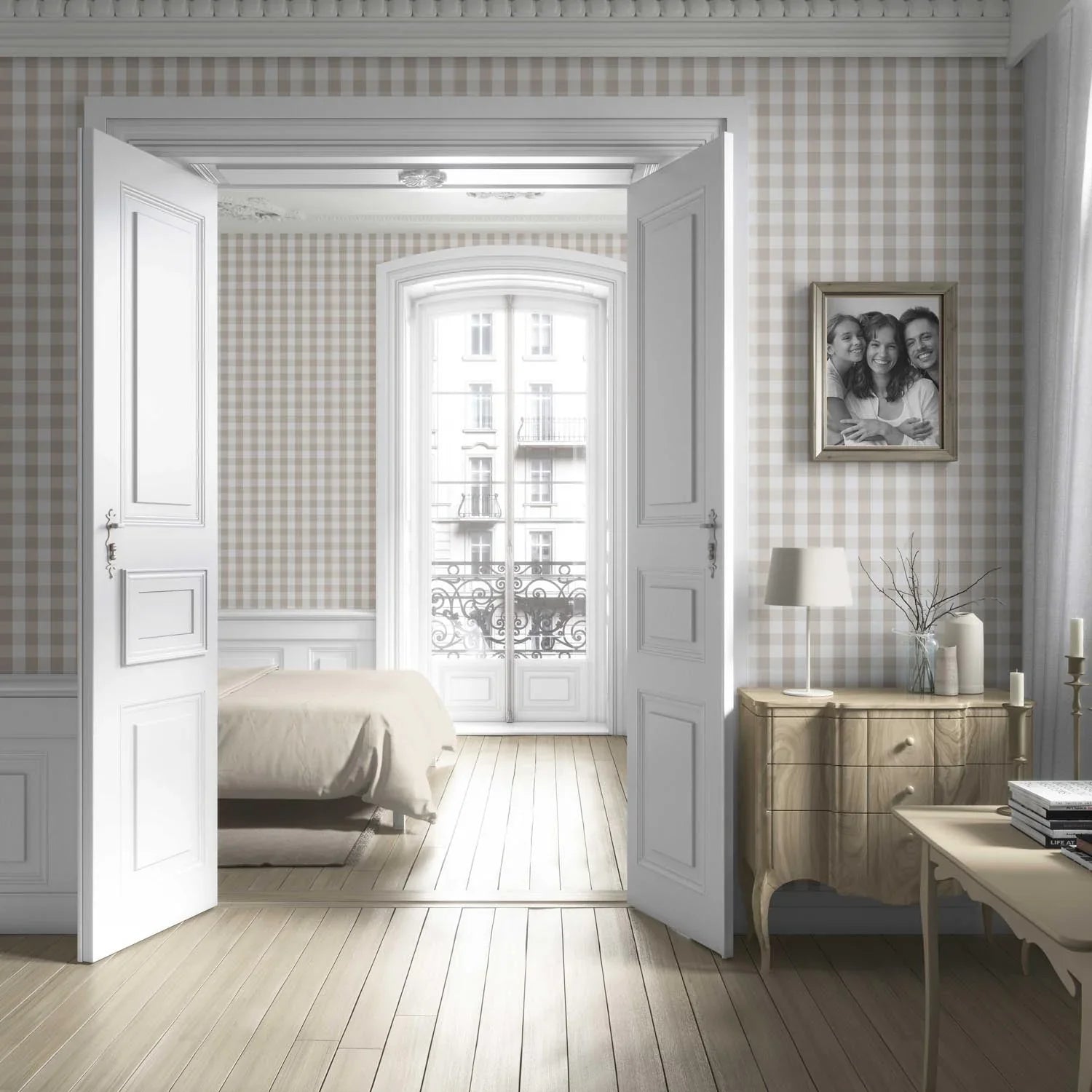 Neutral Geometric Gingham Living Room Wallpaper Sample (Soft Taupe)