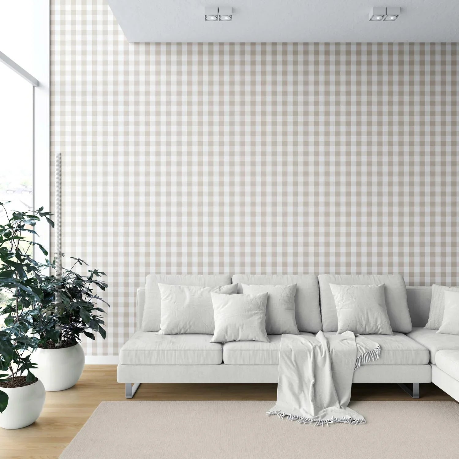 Neutral Geometric Gingham Shower Toilet Wallpaper Sample (Soft Taupe)