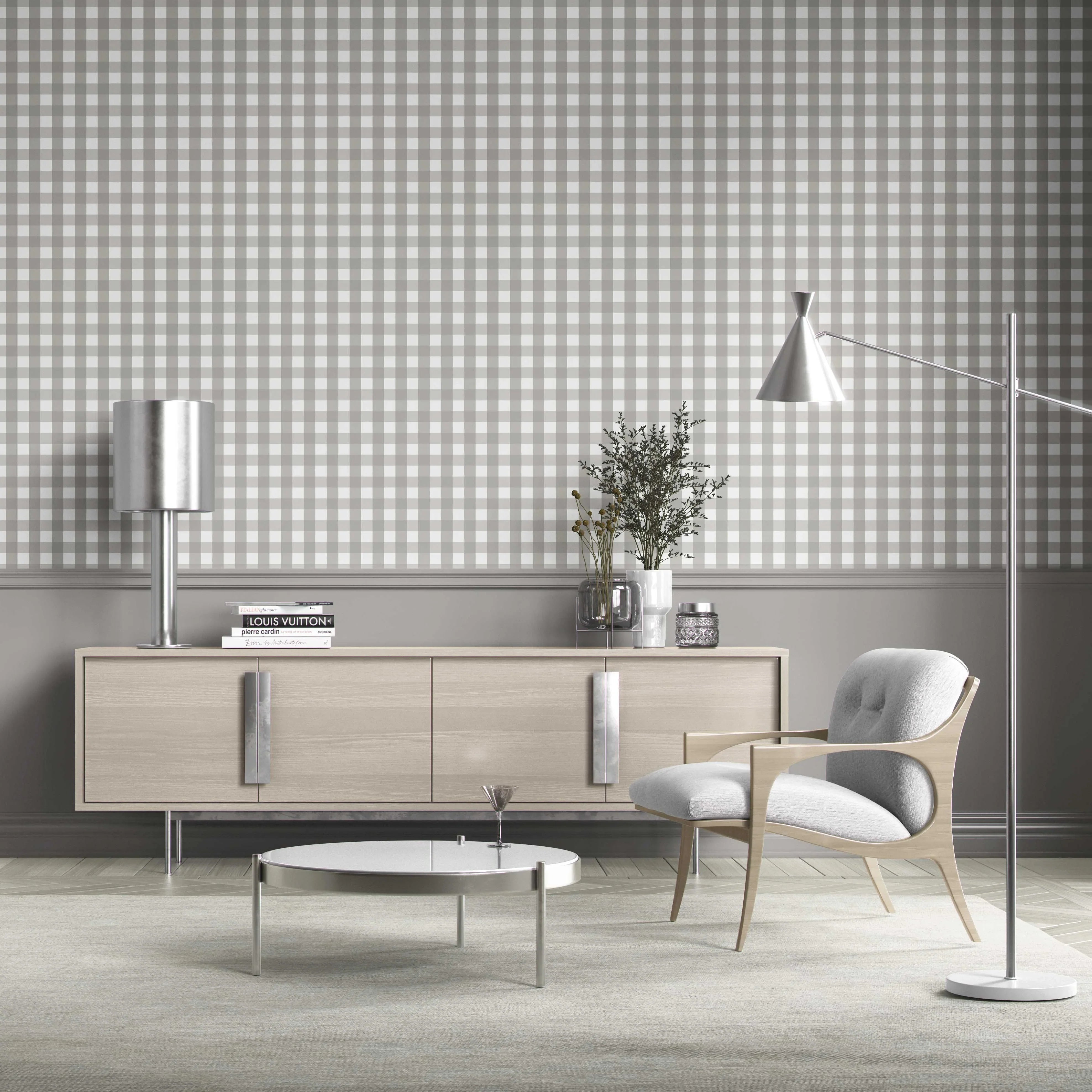 Neutral Geometric Gingham Kitchen Wallpaper Sample (Stone Grey)