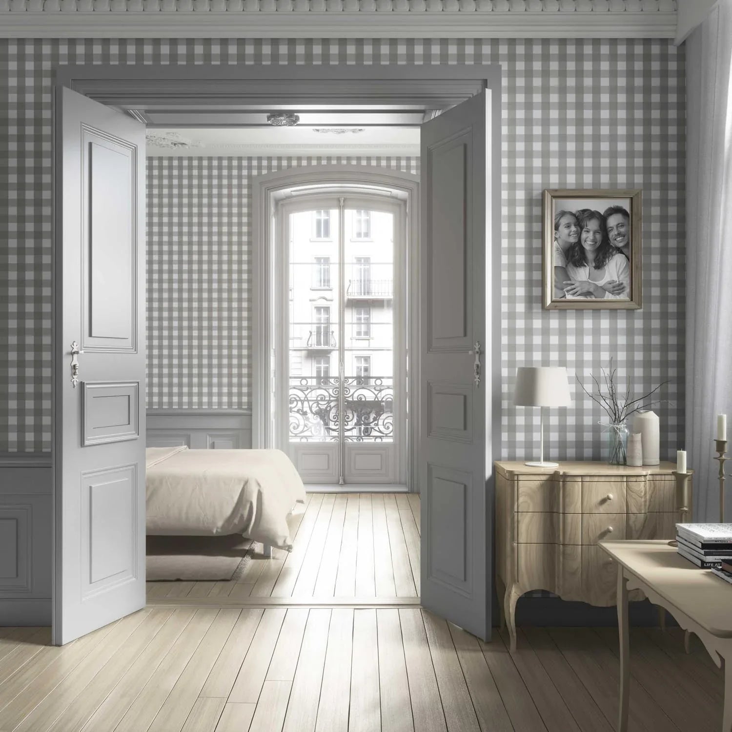 Neutral Geometric Gingham Living Room Wallpaper Sample (Stone Grey)