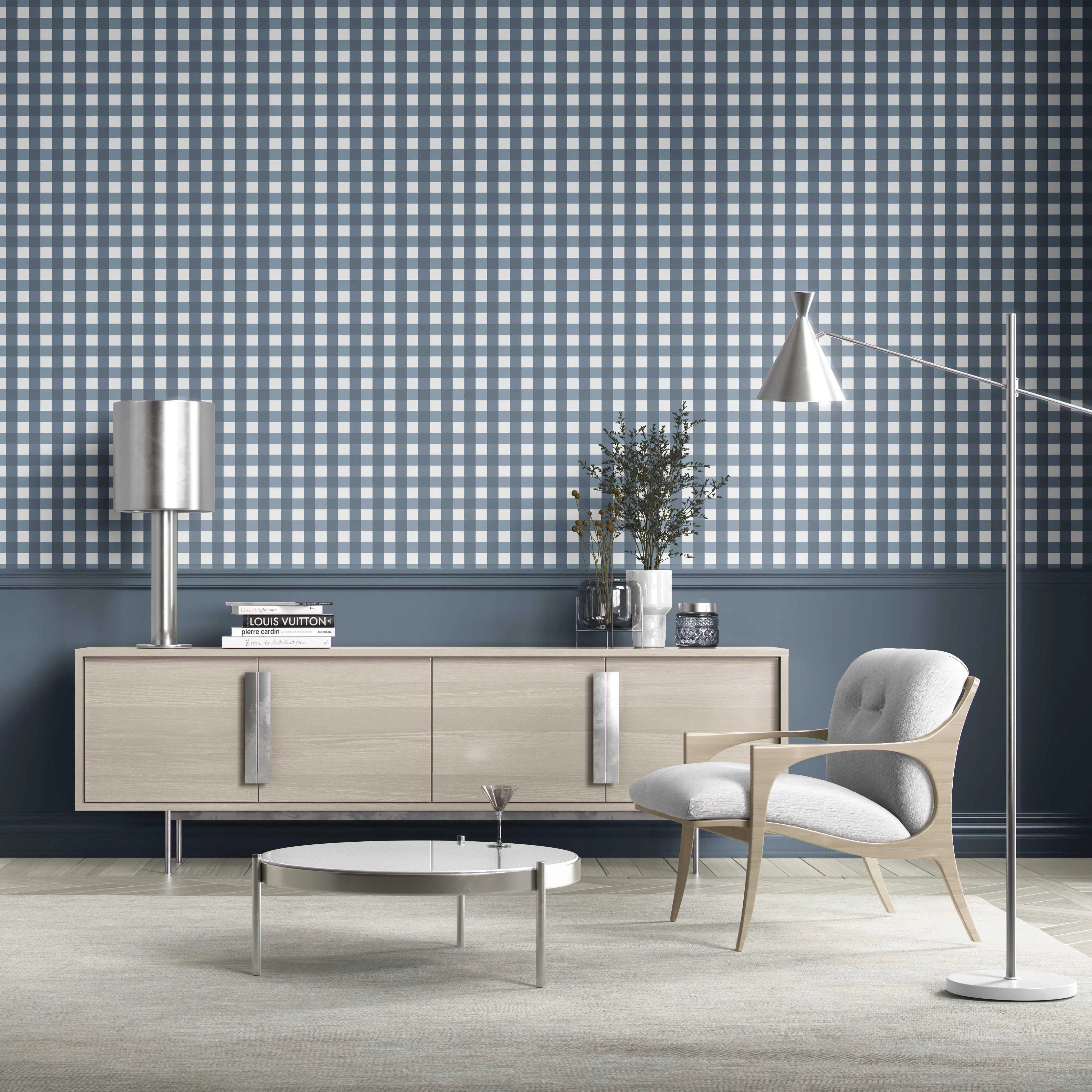Geometric Gingham Kitchen Wallpaper Sample (Slate Blue)