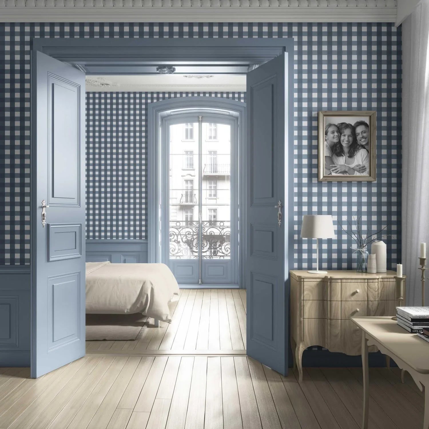 Geometric Gingham Living Room Wallpaper Sample (Slate Blue)