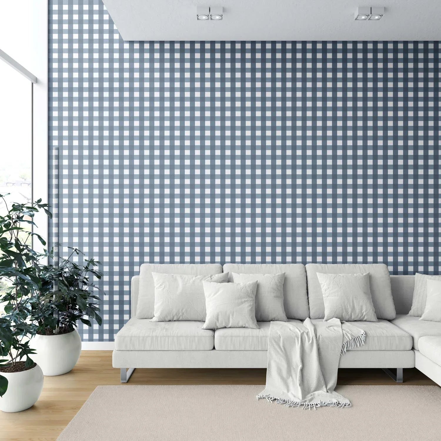 Geometric Gingham Shower Toilet Wallpaper Sample (Slate Blue)
