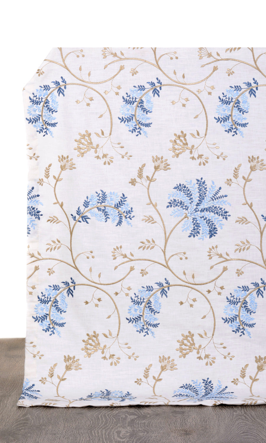 Floral Embroidery Window Treatments Fabric Sample (Brown/ Blue/ White)