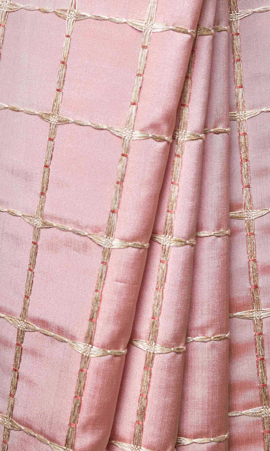 Coral Pink With Gold Embroidery Check Custom Curtains