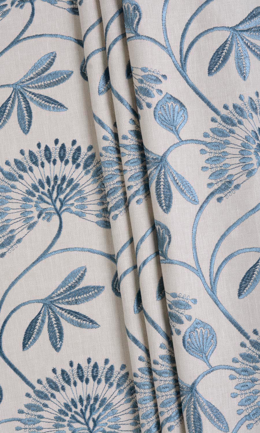 Vine Embroidered Fabric Material By the Metre (Pale Beige/ Ocean Blue)