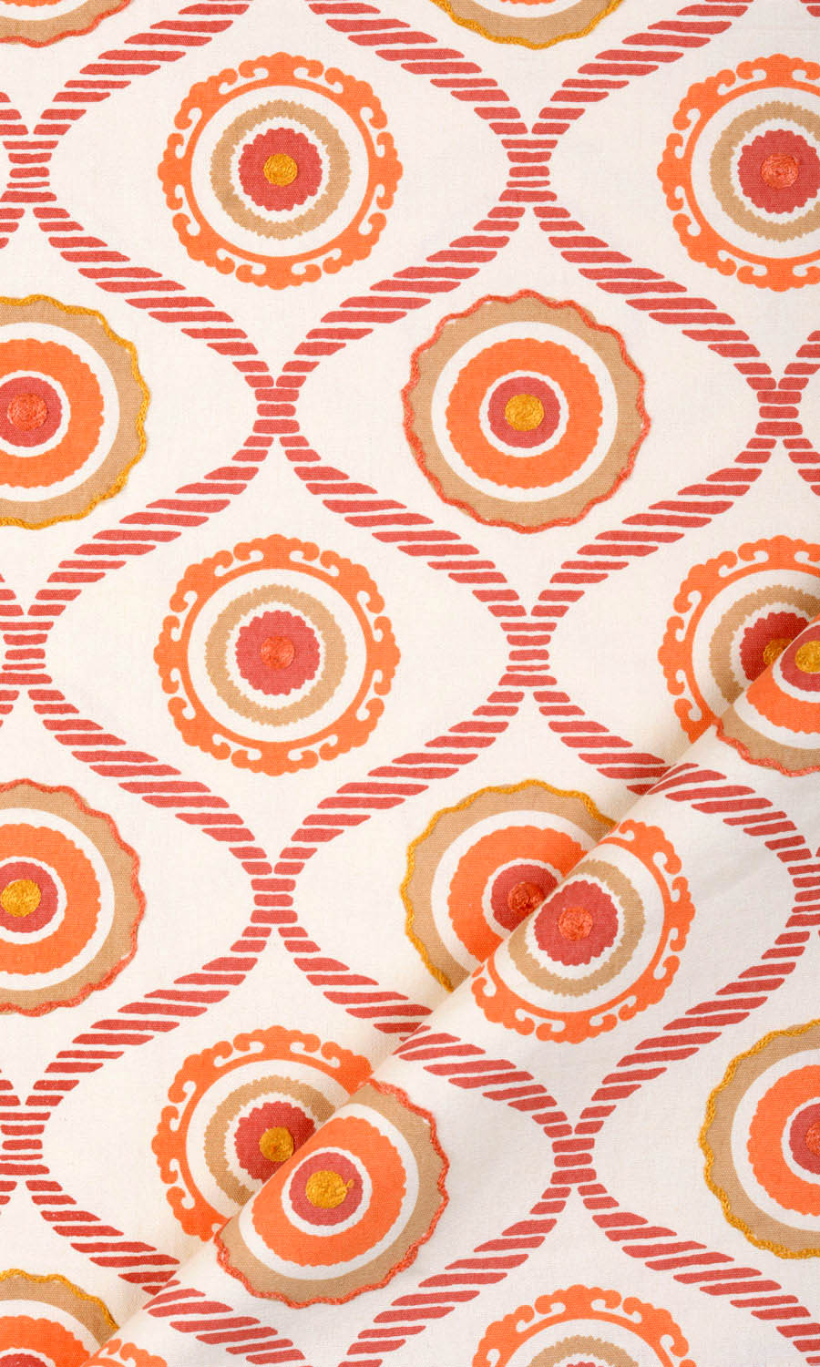 Printed Cotton Window Treatments Fabric Sample (Red/ Orange/ White)