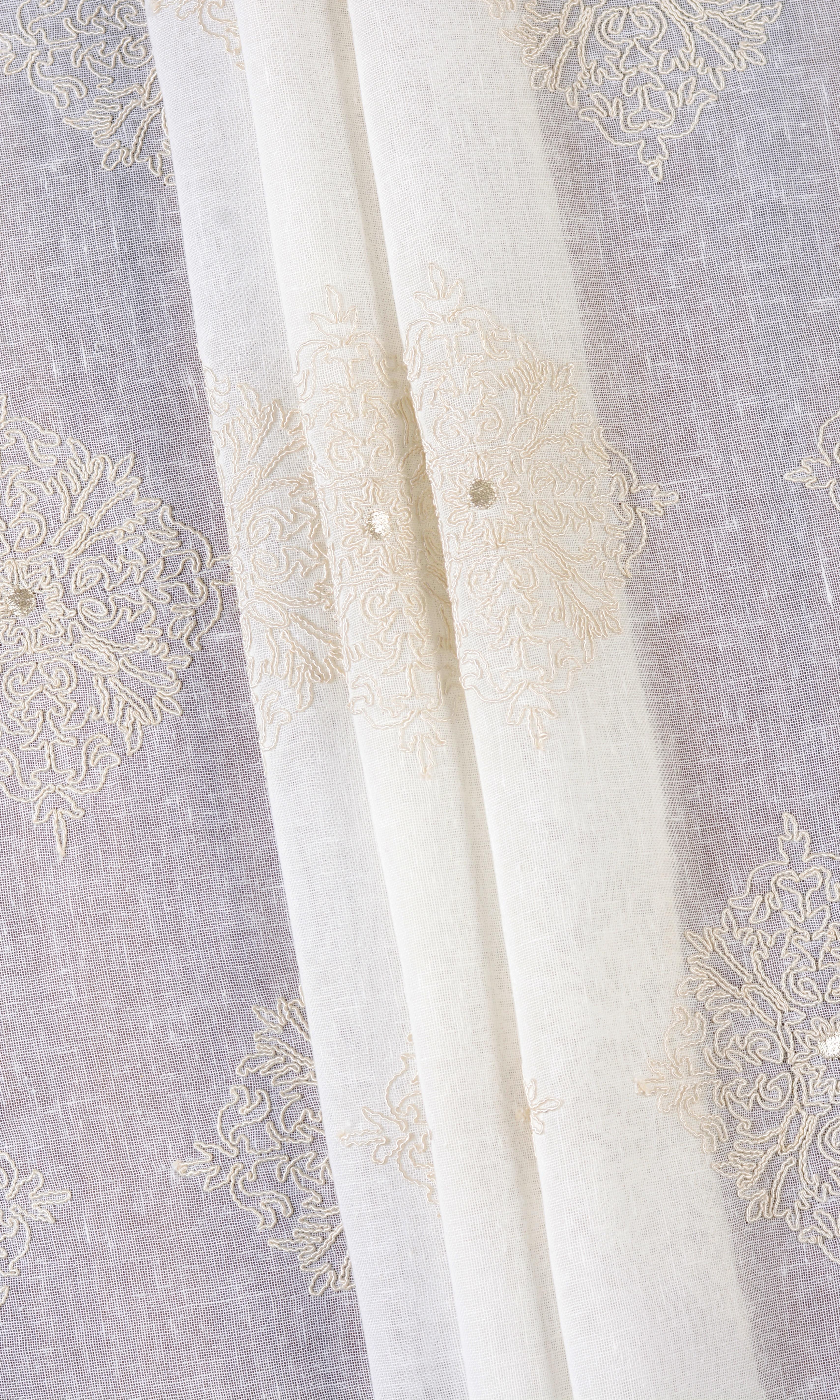 Sheer Floral Embroidered Window Treatments Fabric By the Metre (White/ Cream)