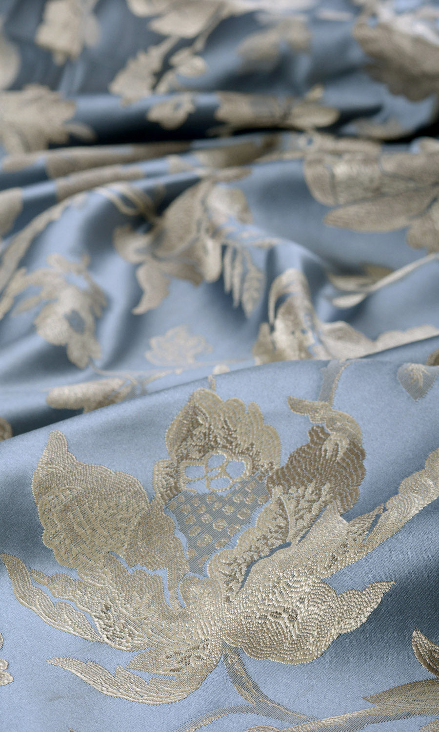 Floral Faux Silk Fabric By the Metre for Curtains & Drapes (Indigo Blue/ Greige)