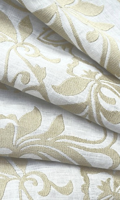Floral Embroidered Linen Home Décor Fabric Sample (White/ Ivory)